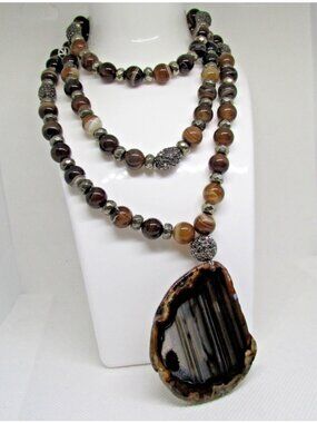 Bulls Eye Agate Faceted Pyrite and Marcasite Beads Agate Slice Necklace 40 Inch